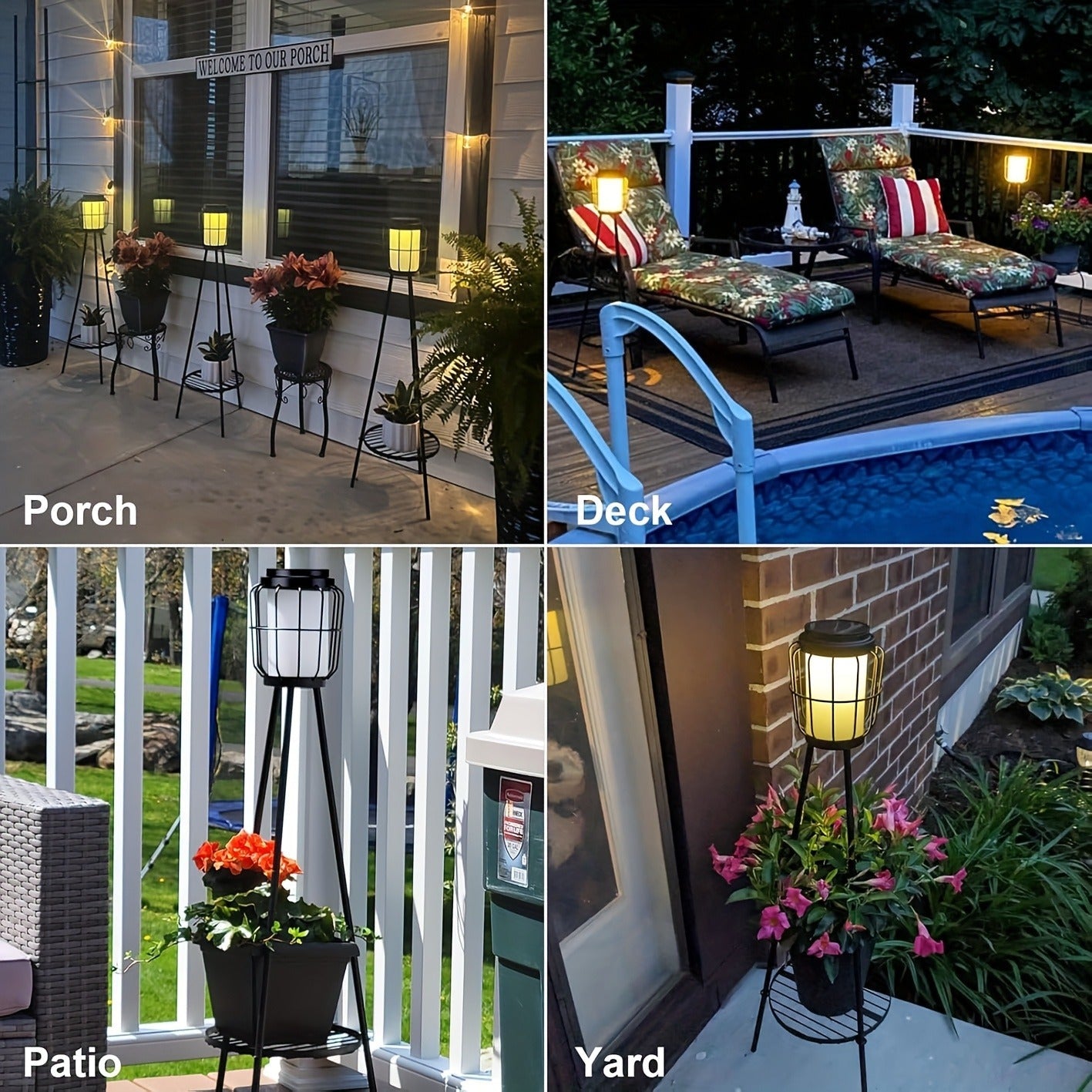 Solar Floor Lamp with Metal Plant Stand 36 Inch Outdoor Solar Light Flower Shelf for Patio Deck Yard Garden Outdoor Decor Gift Set of 2
