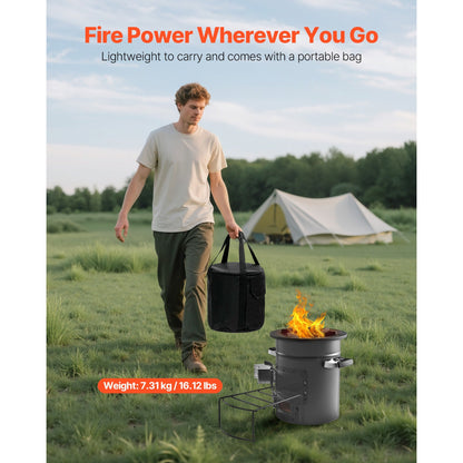 Wood Burning Rocket Stove Portable Camping Stove with Cast Iron Top, Double Door, Fireproof Lining, 16 lbs Lightweight, Canvas Bag Included, Charcoal Compatible