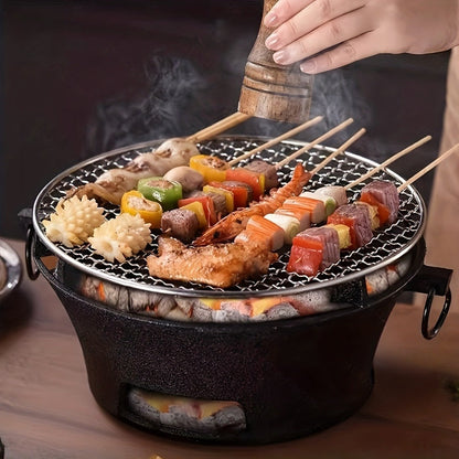 Cast Iron Charcoal Grill Round Portable, Mini BBQ Grill with Wooden Board & Stainless Steel Mesh Tray, Compact Tabletop Charcoal Grill for Outdoor Camping, Pizza, Tea Cooking & Family BBQ