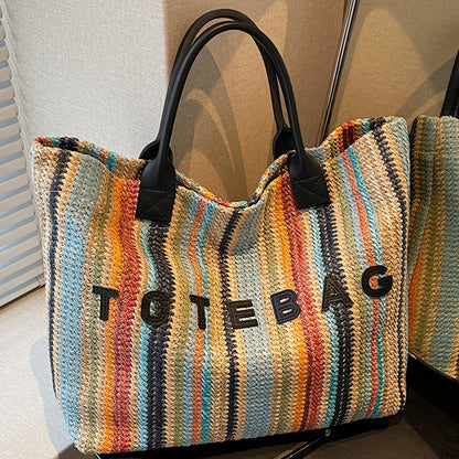 Striped Woven Tote Bag with Letter Detail, Open Top and Black, Green or Brown Handle Options