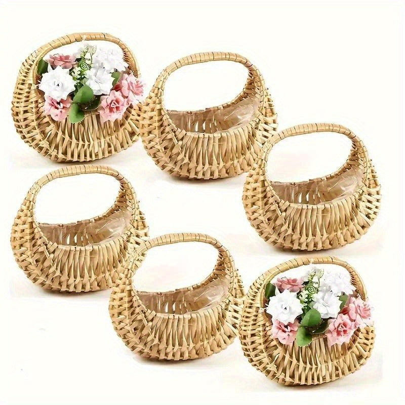 Wicker Basket Set Half Moon Shape with Handle – Small Rattan Baskets 3/5/6 Pcs for Wedding Flower, Home Decor, Garden Storage & Picnic, Plastic Liner Included, 6.7×6.5×4.3 in
