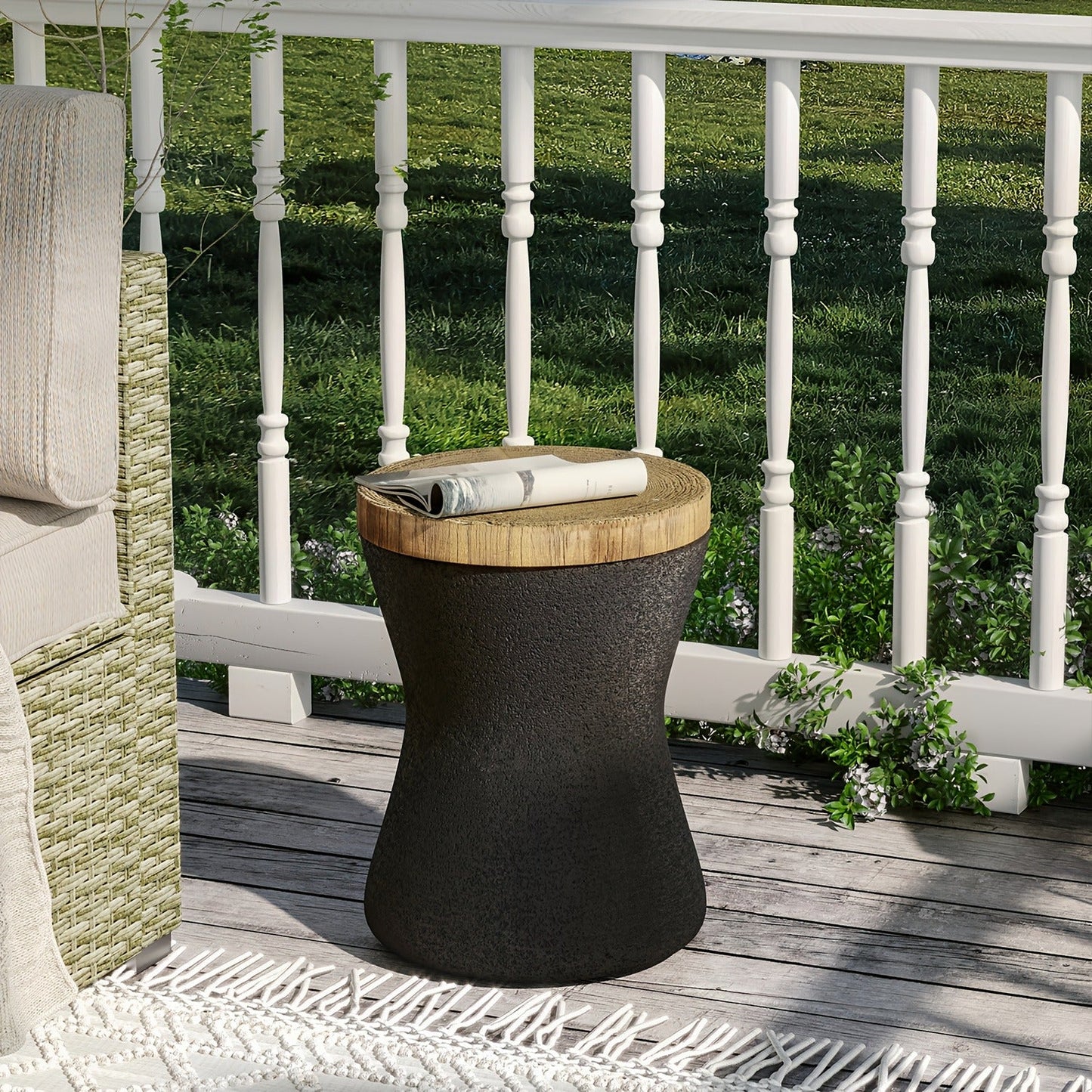 Outdoor Side Table 17-Inch Concrete Design with Wood-Look Finish in Black, Hourglass or Small Options