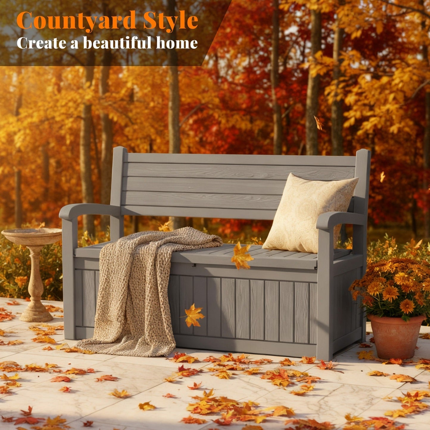 80-Gallon Outdoor Deck Storage Bench with Backrest, Armrests and Hidden Under-Seat Compartment in Two Colors