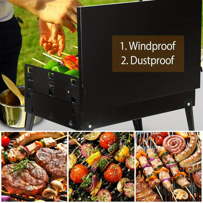 Portable Folding Charcoal Grill with Hood, Raised Grate, Side Vents and Compact Black Steel Body