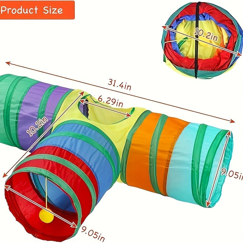 Cat Toy Rainbow Tunnel in S-Shaped or Three-Way Layouts with Peek Holes, Ball and One or Two-Pack Options