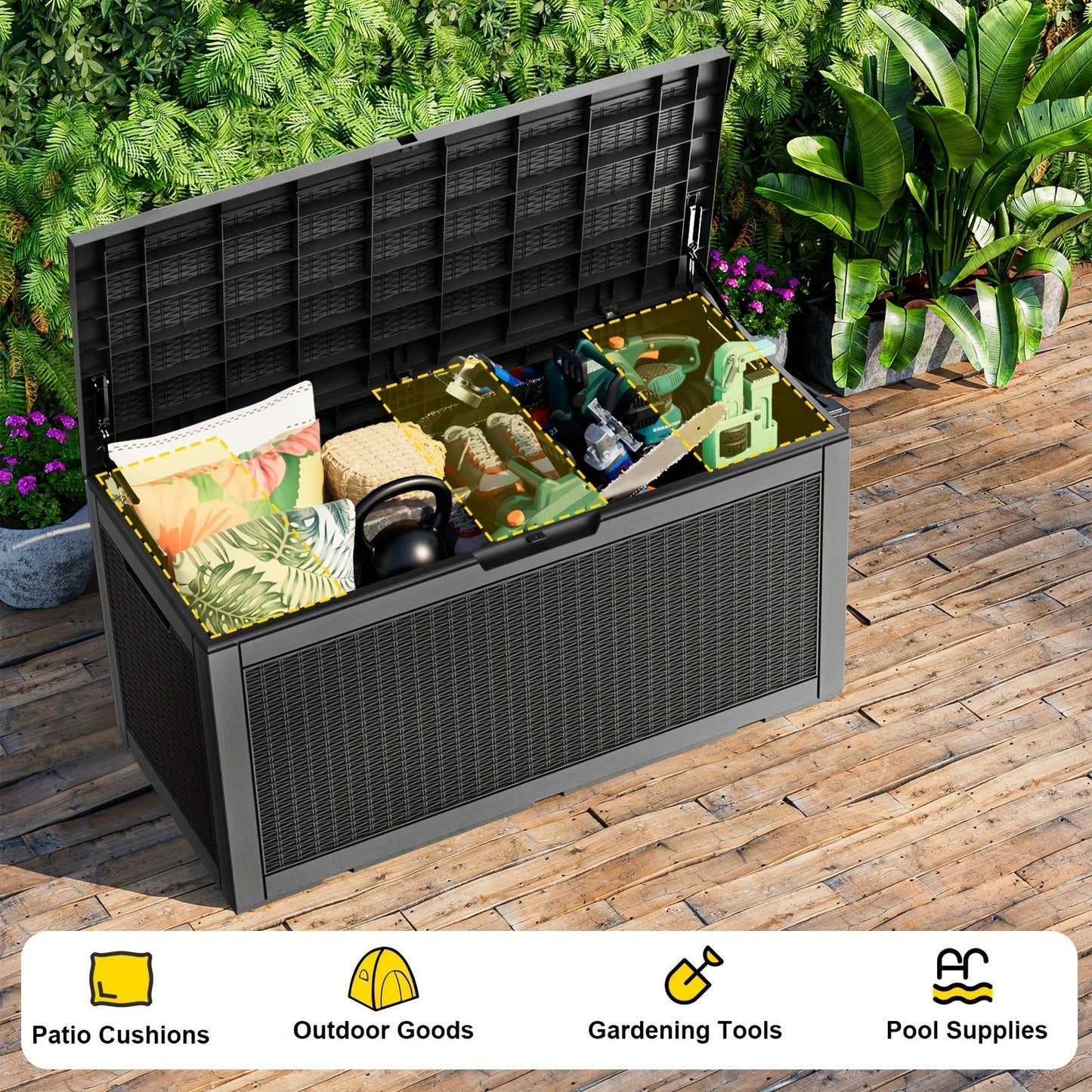 100-Gallon Rattan-Style Outdoor Deck Box with Lockable Lid, Lift Supports and Black Finish