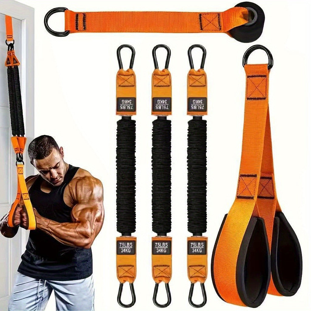 Orange Five-Piece Door-Anchor Resistance Band Set with Three Tubes, Door Anchor and Pictured Handles