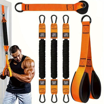 Orange Five-Piece Door-Anchor Resistance Band Set with Three Tubes, Door Anchor and Pictured Handles