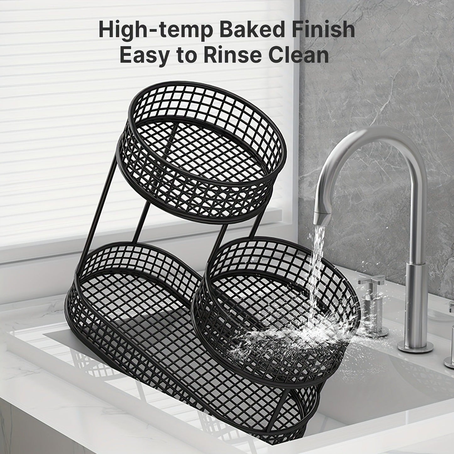 Three-Tier Black Wire Fruit Basket with Staggered Round Bowls and Rectangular Countertop Base