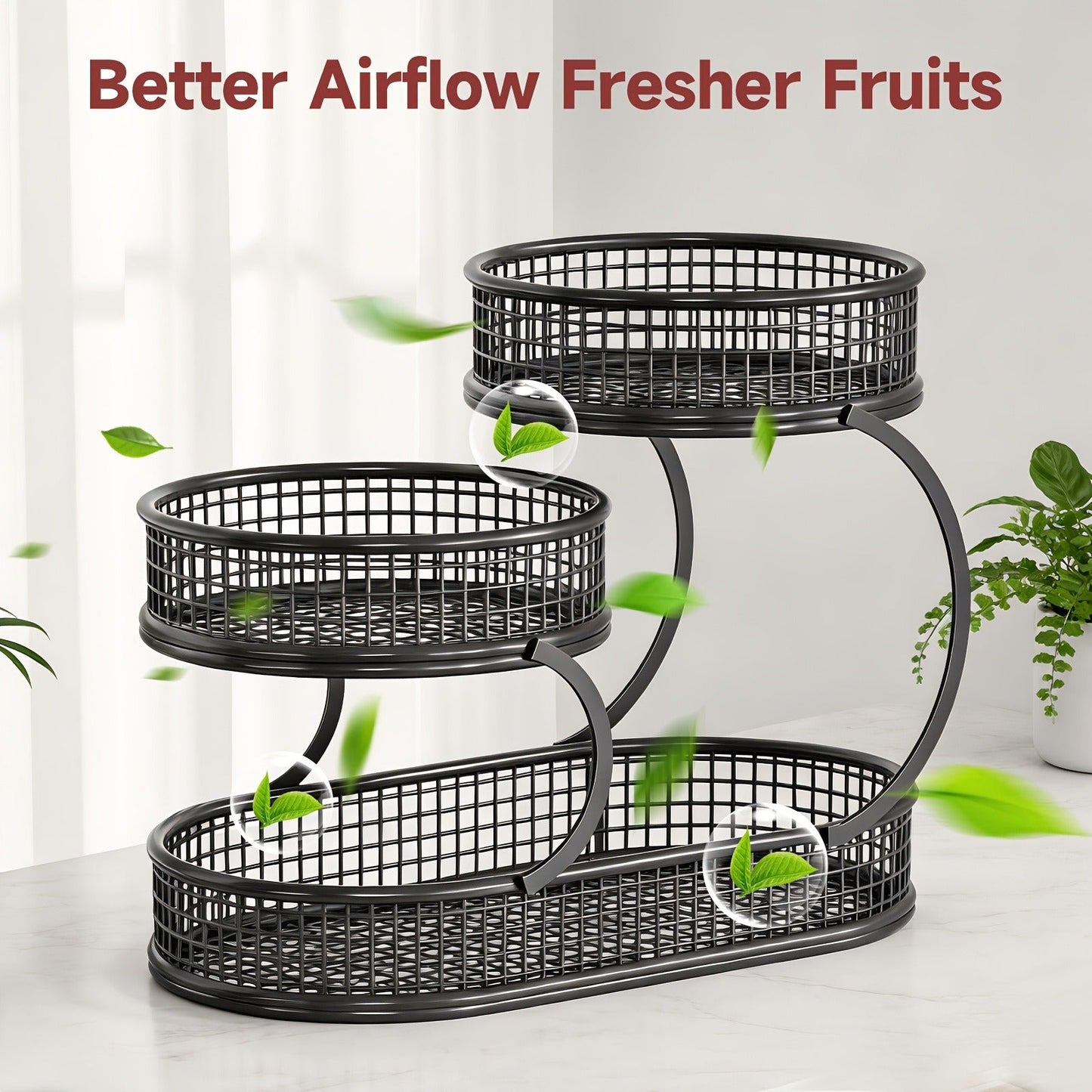 Countertop Fruit Bowl 3-Tier Round Metal Wire Stand | Kitchen Storage Organizer for Fruits Vegetables Bread Snacks | Space-Saving Produce Rack