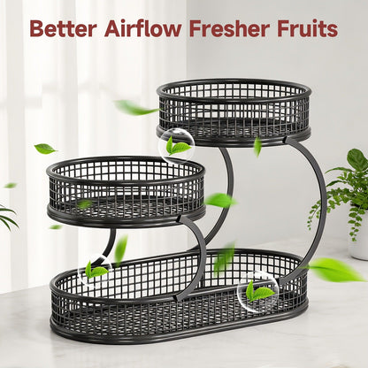 Countertop Fruit Bowl 3-Tier Round Metal Wire Stand | Kitchen Storage Organizer for Fruits Vegetables Bread Snacks | Space-Saving Produce Rack