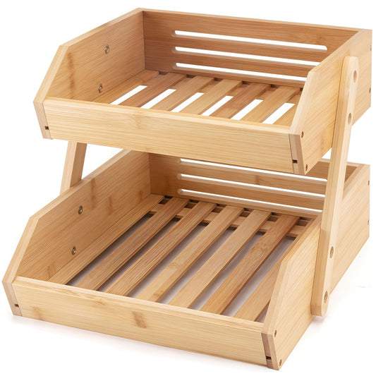 Fruit Basket Stand 2 & 3 Tier Wooden Countertop Organizer Large Capacity Kitchen Storage for Fruits Vegetables Bread Produce with Banana Hooks Natural Wood