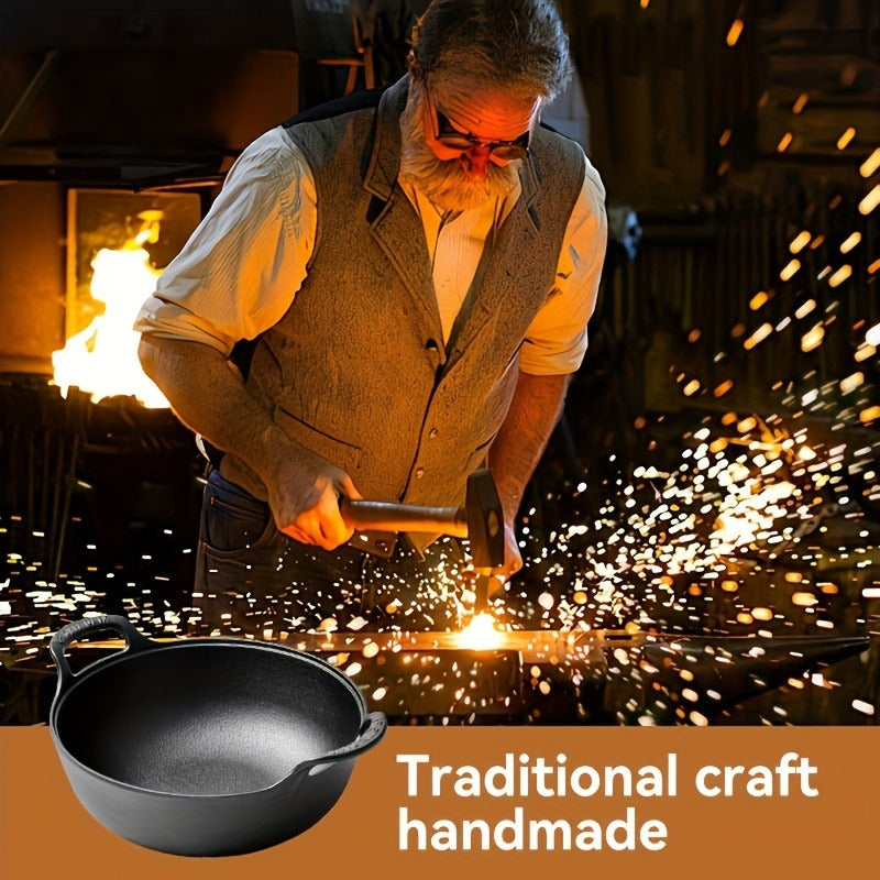 20cm Cast Iron Serving Pan with Dual Loop Handles, Rounded Deep Profile and Enamel Base Layer for Oven or Stovetop Use