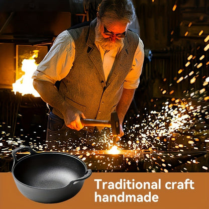 20cm Cast Iron Serving Pan with Dual Loop Handles, Rounded Deep Profile and Enamel Base Layer for Oven or Stovetop Use