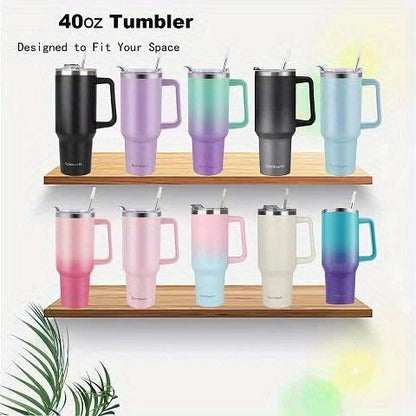 Handled 40oz Stainless Steel Tumbler with Straw Lid, Tapered Base and Five Color Options for Daily Use
