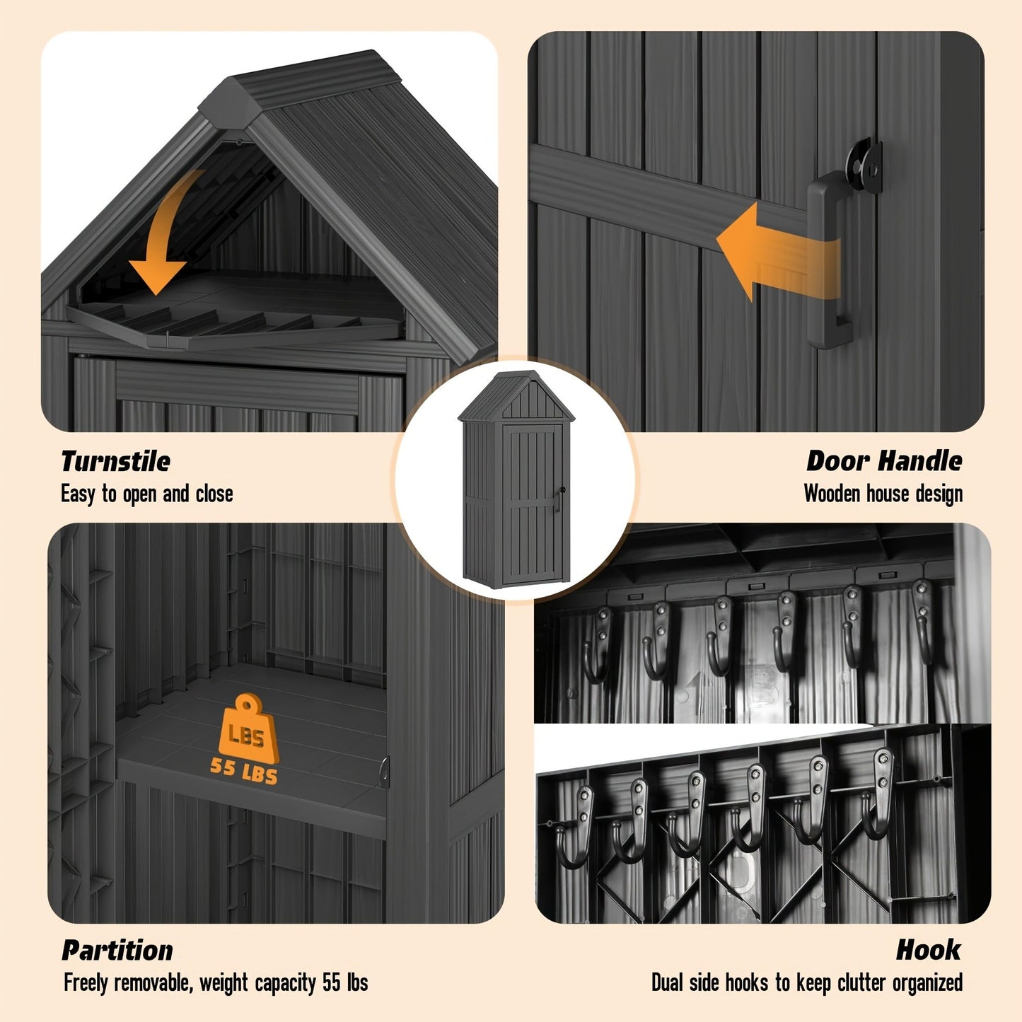 Tall Resin Outdoor Storage Shed with Sloped Roof, Lock-Ready Door and Interior Hooks in Black or Brown