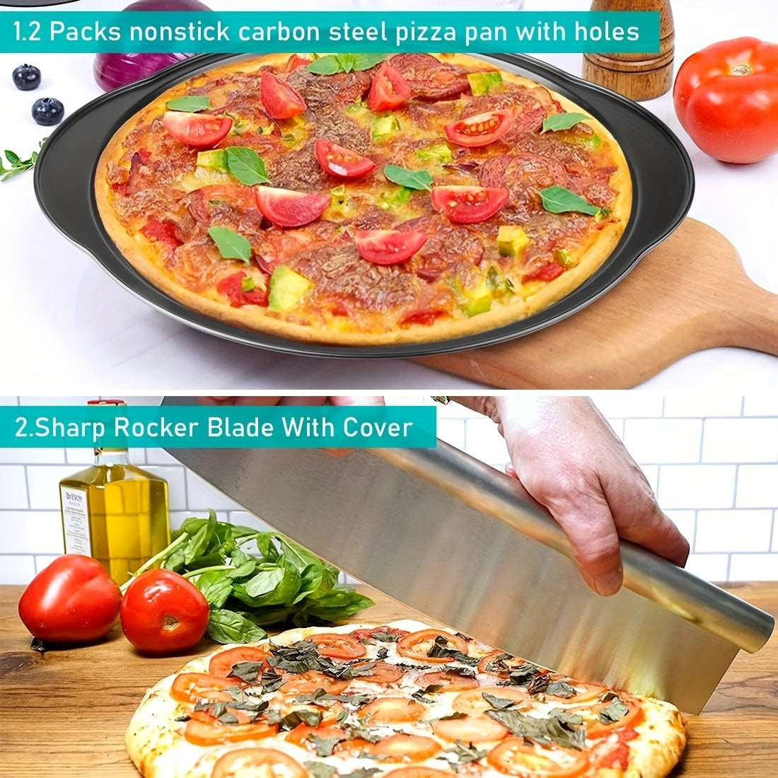 Seven-Piece Pizza Baking Set with Round Stone, Metal Peel, Rocker Cutter, Server, Brush and Gloves