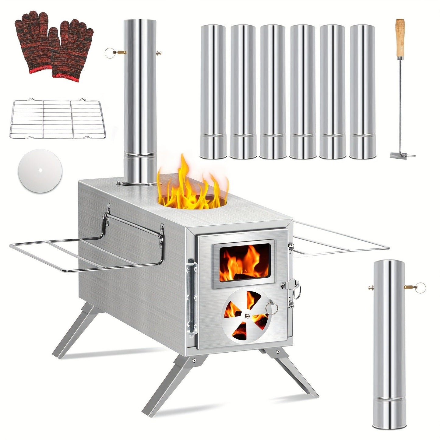 Wood Burning Camp Stove with Chimney Pipe Portable Outdoor Camping Stove for Cooking, BBQ, Boiling Water & Heating, Stainless Steel Hot Tent Stove with Folding Rack, Ash Hook & Accessories Included