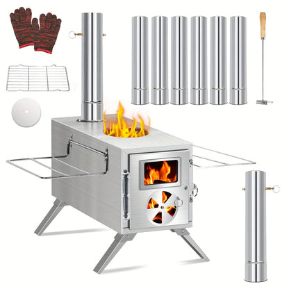 Wood Burning Camp Stove with Chimney Pipe Portable Outdoor Camping Stove for Cooking, BBQ, Boiling Water & Heating, Stainless Steel Hot Tent Stove with Folding Rack, Ash Hook & Accessories Included