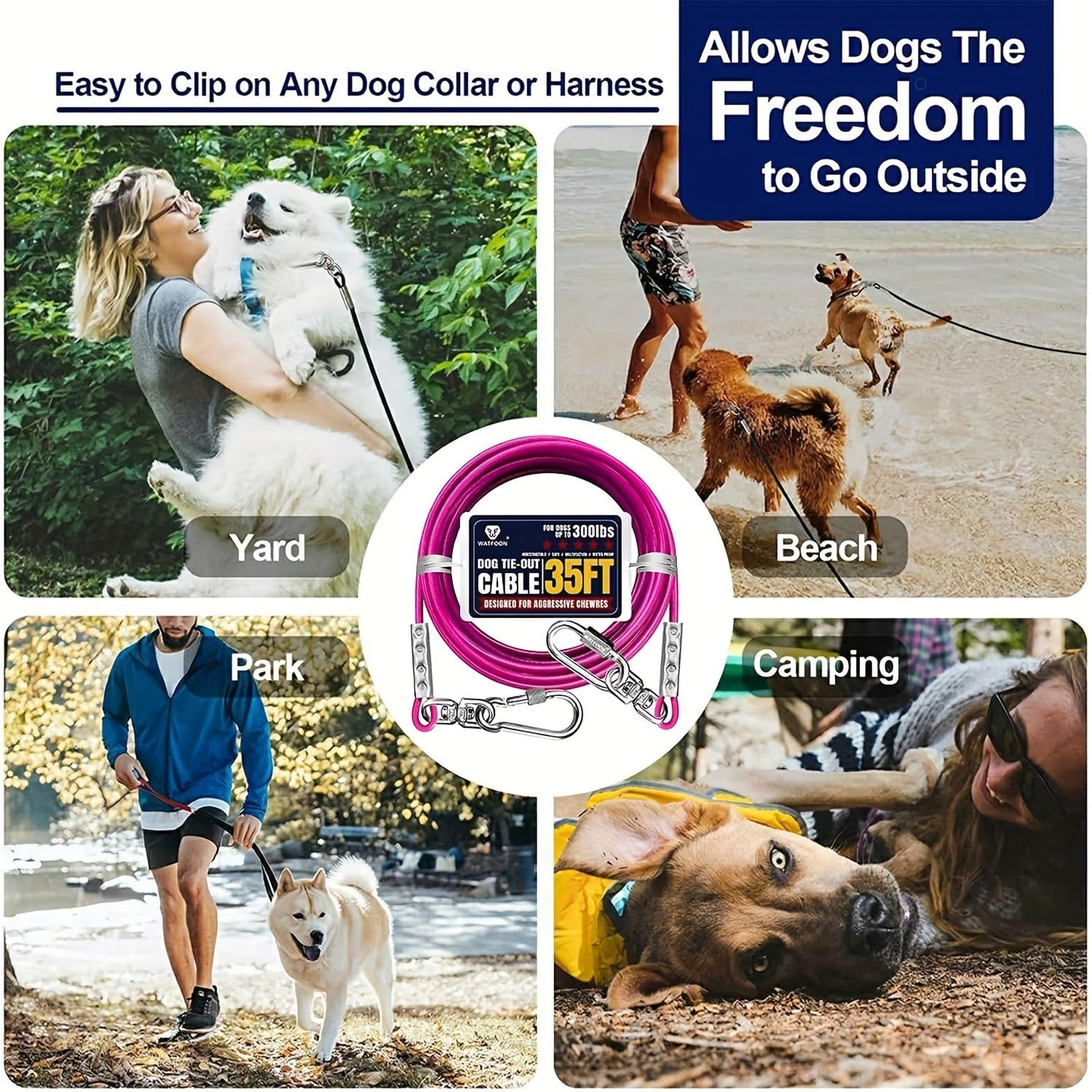 Dog Tie Out Cable for Yard Heavy Duty - Steel Wire Runner Leash with Swivel Hooks, Holds Up to 300 lbs, Anti-Tangle Dog Run Cable for Large Dogs Outdoor - S/M/L Sizes, 3 Colors