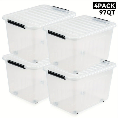 Storage Containers with Lids and Wheels | Stackable 72QT & 97QT Plastic Bins | 4 or 6 Pack | Locking Lid | Clear, Pink/White, Gray/Yellow | Home Garage