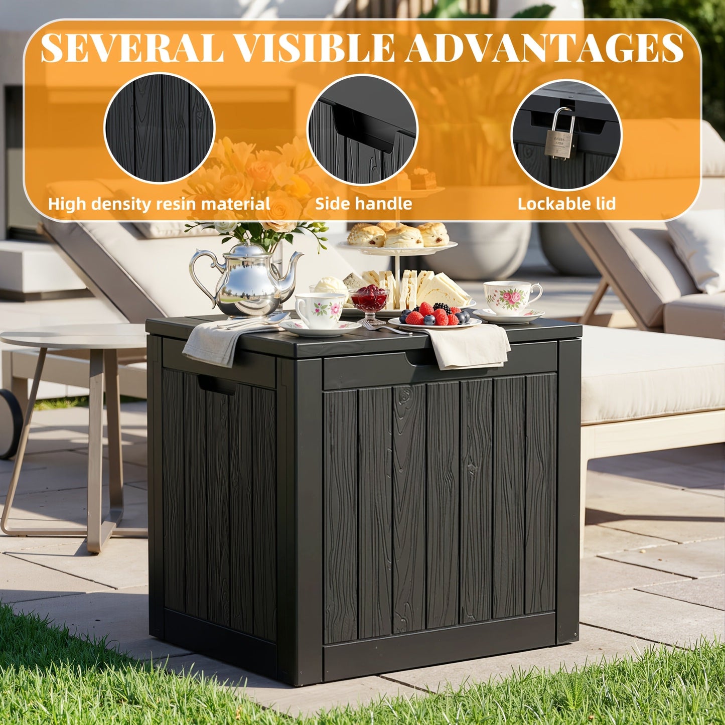 34-Gallon Outdoor Deck Box with Side Handles in 020 Woven or 053 Plank Panel Style, Black or Light Brown