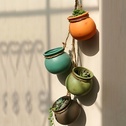 Four-Piece Geometric Hanging Planter Set with Hemp-Rope-Label Suspension and Four Earth-Tone Pot Colors