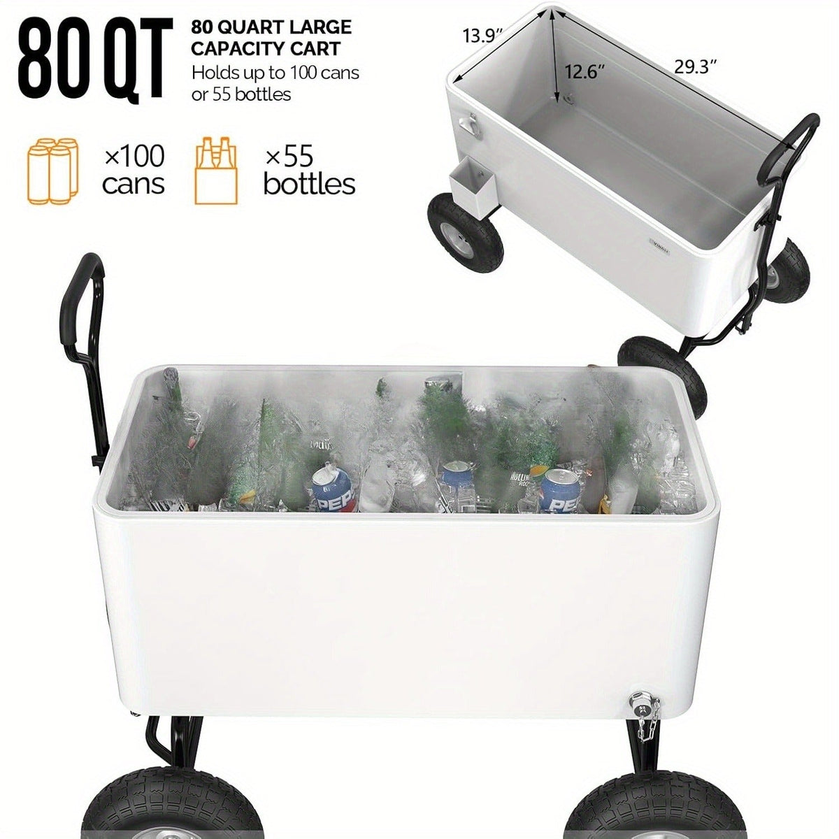 Rolling Cooler Cart 80QT Portable Wagon with 10" Wheels, Patio Beach Outdoor Drink Cooler, for Camping, Travel and Outdoor Use