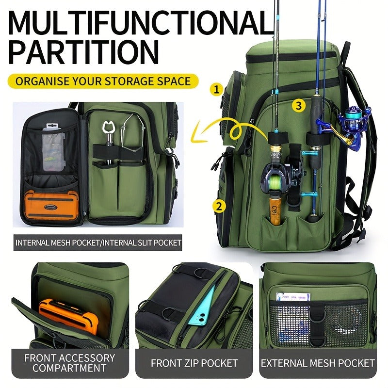 Black Camouflage Fishing Backpack with Twin Shoulder Straps, Front Zip Compartments and Side Rod Loops