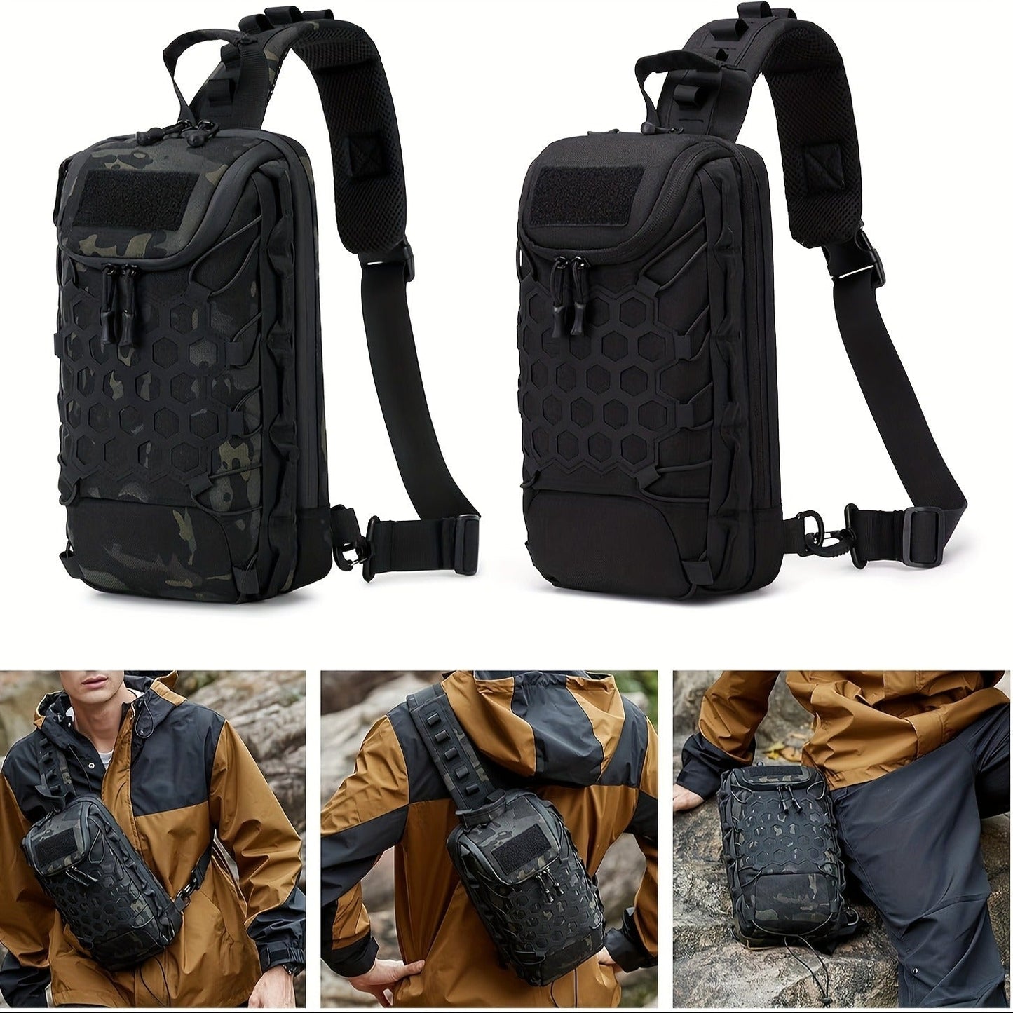 Structured Tactical Shoulder Crossbody Bag with Honeycomb Front Panel in Black or Camouflage Pattern