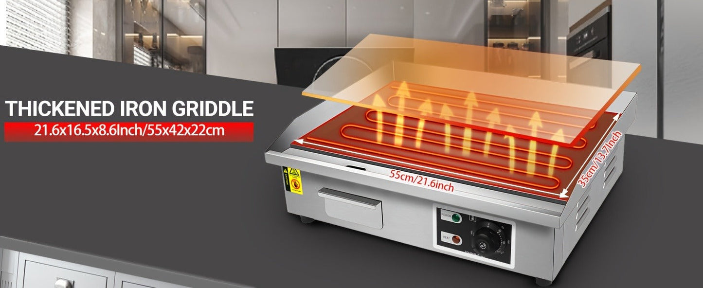 Flat Top Griddle 22 Inch 1600W Electric Countertop Teppanyaki Grill Non-Stick Stainless Steel Commercial Restaurant Griddle Adjustable Temp 50-300°C