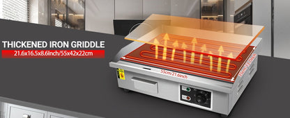 Flat Top Griddle 22 Inch 1600W Electric Countertop Teppanyaki Grill Non-Stick Stainless Steel Commercial Restaurant Griddle Adjustable Temp 50-300°C