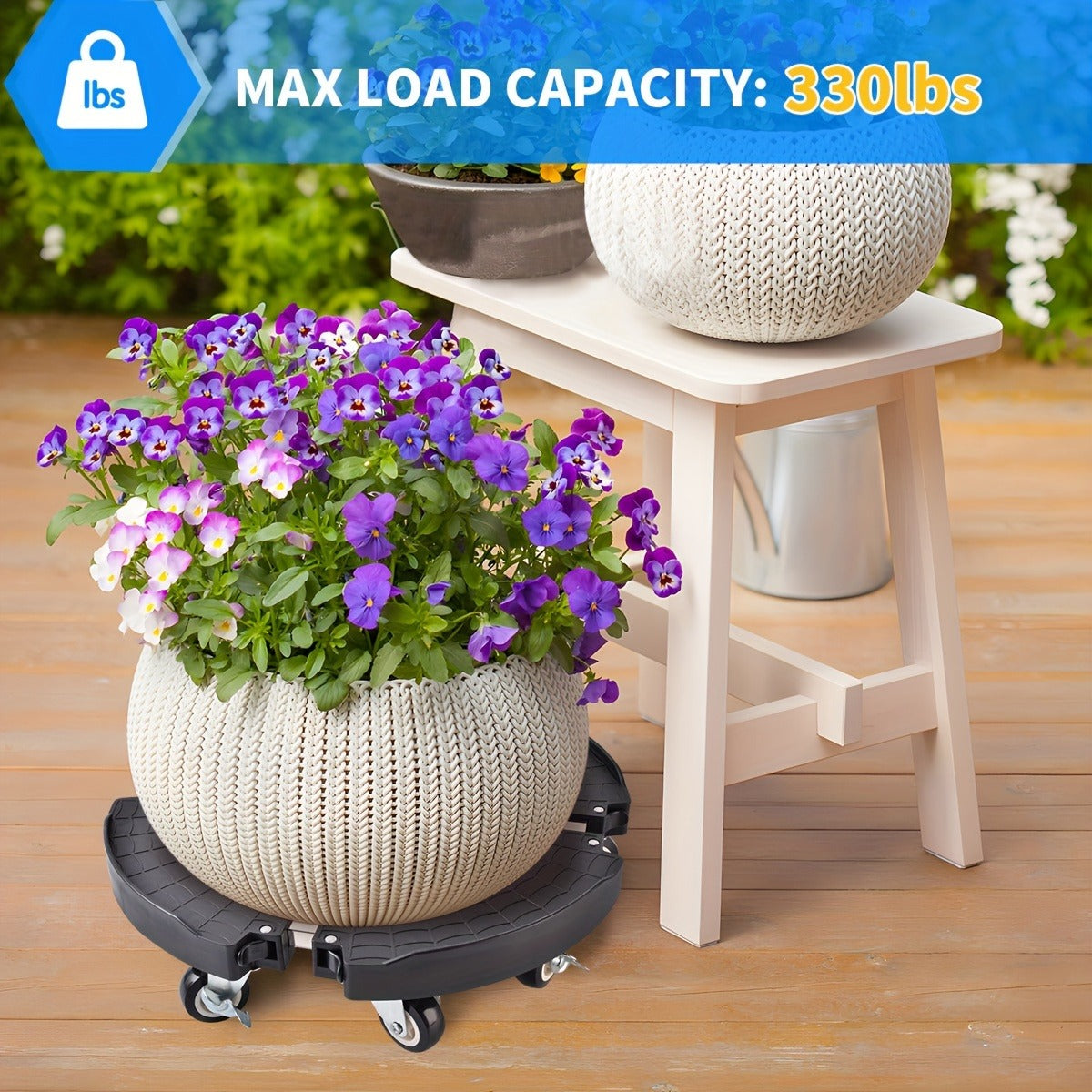 Adjustable Round Black Plant Caddy with Eight Lockable Casters for 8 to 22-Inch Pots and Containers