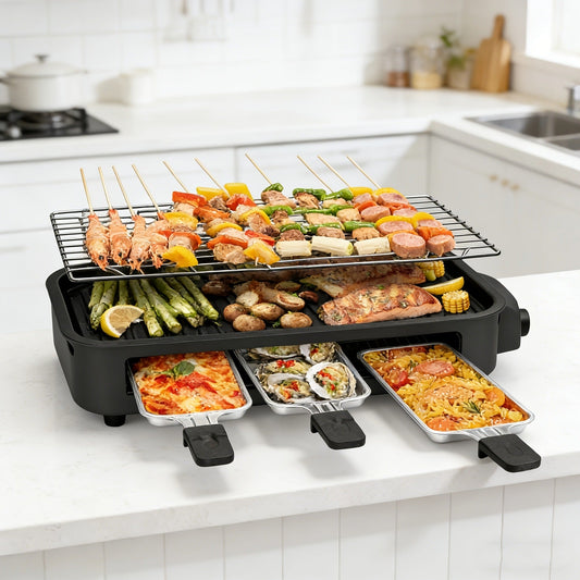 Indoor Smokeless Electric Grill 1500W Non-Stick Raclette Table Grill with Removable Plate & 3 Mini Pans Dishwasher Safe Compact BBQ Griddle