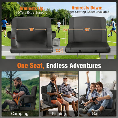 Heated Stadium Seat with Back Support for Bleachers 6 Reclining Positions 3 Heat Levels Dual-Zone USB Heated Bleacher Chair with 5 Storage Pockets Adjustable Armrests Portable Backpack Strap for Sports Games Concerts Outdoor Events