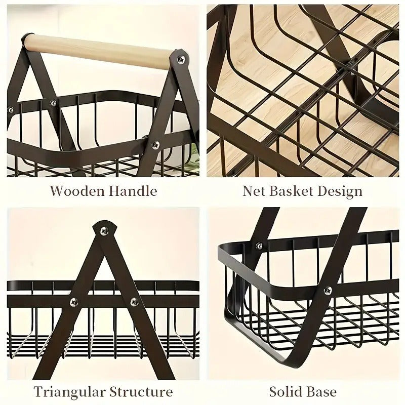 Tiered Fruit Basket with Removable Wooden Handles – 2 or 3 Tier Metal Kitchen Counter Organizer for Produce, Bread & Snacks