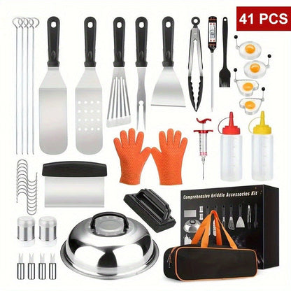 BBQ Tool Set Stainless Steel Grill Accessories Kit with Meat Thermometer Teppanyaki Press Board for Outdoor Camping Home Kitchen Party