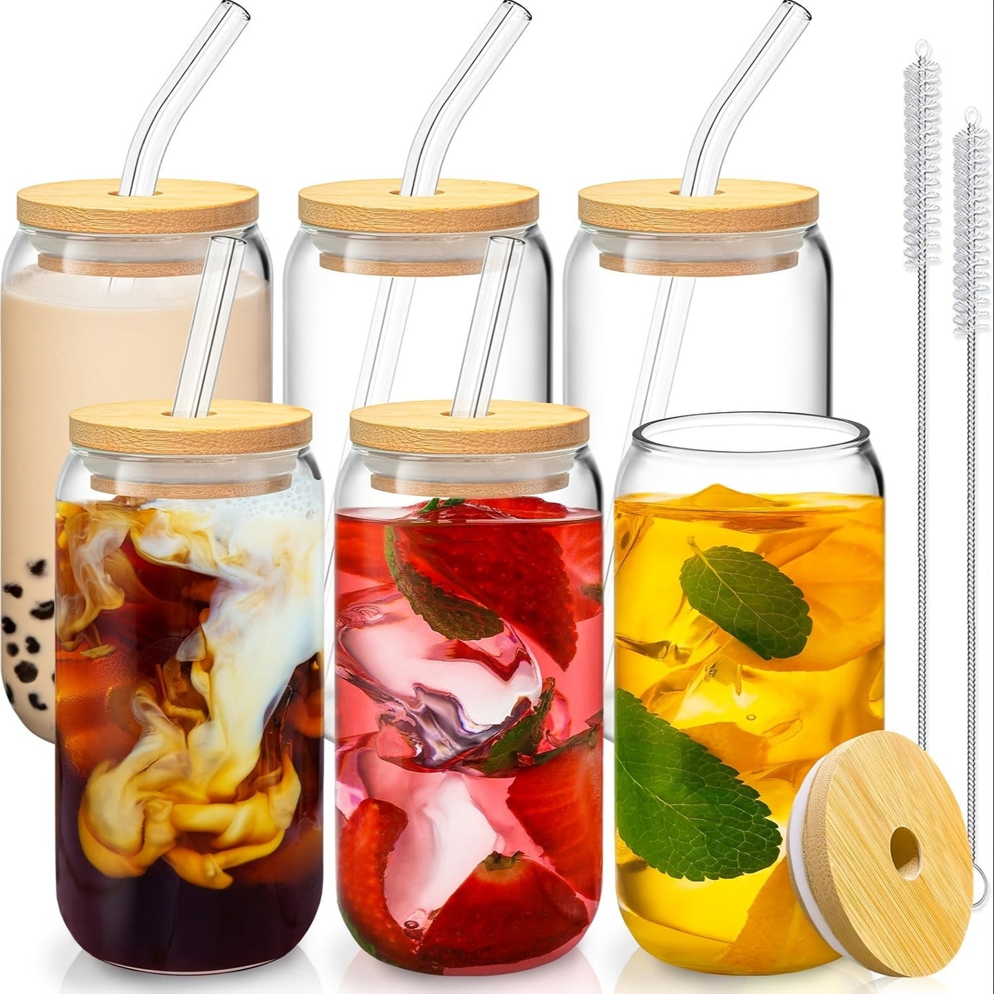 Drinking Glasses Set with Lid and Straw 550ml Oval Glass Cups 4 or 6 Piece – Iced Coffee Smoothie Bubble Tea Juice Tumbler Set for Home Entertaining Gifting