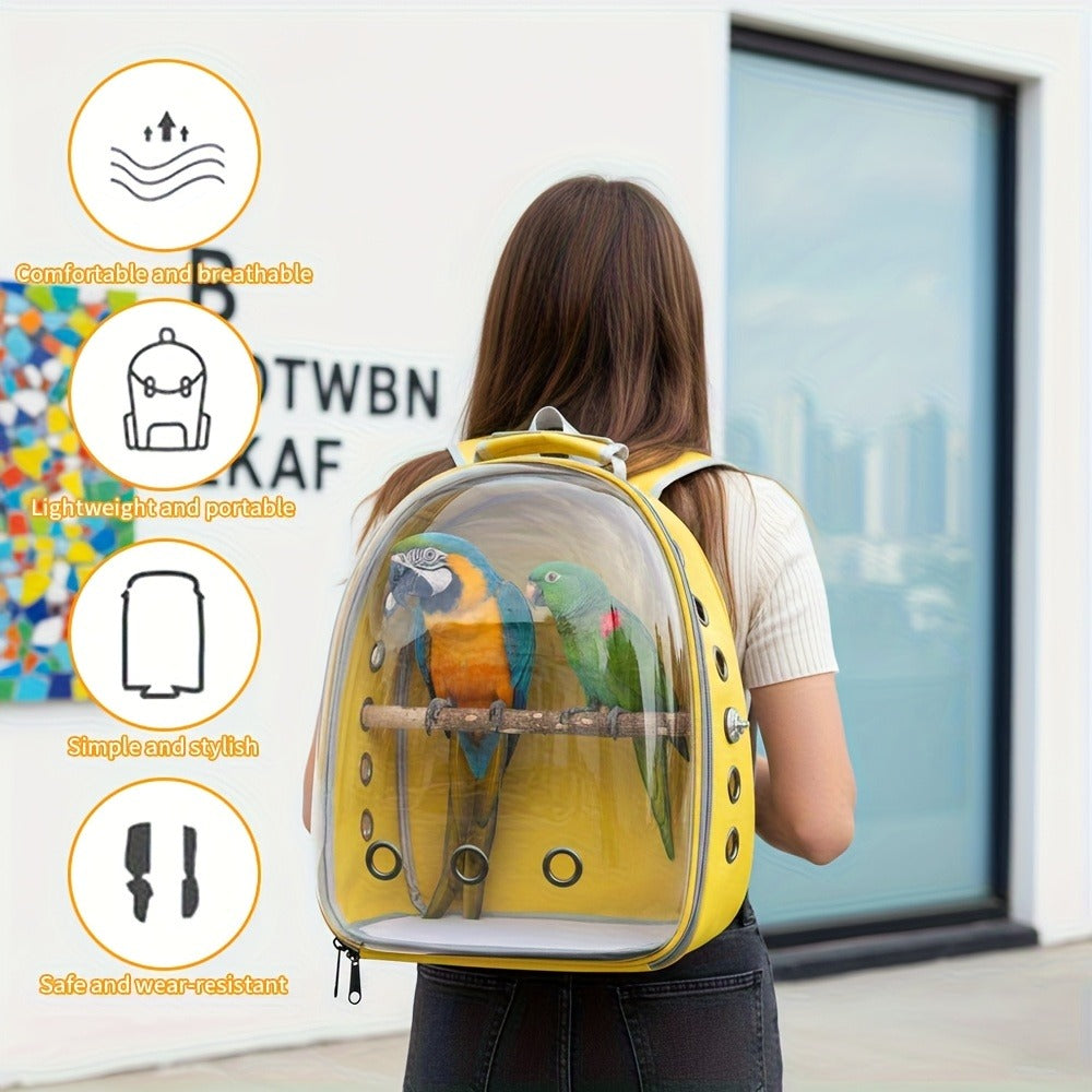 Bird Carrier Backpack Transparent Parrot Cage Backpack with Wooden Perch – Breathable Travel Shoulder Bag for Parrots, Magpies & Small Pet Birds, Outdoor Outing Carrier