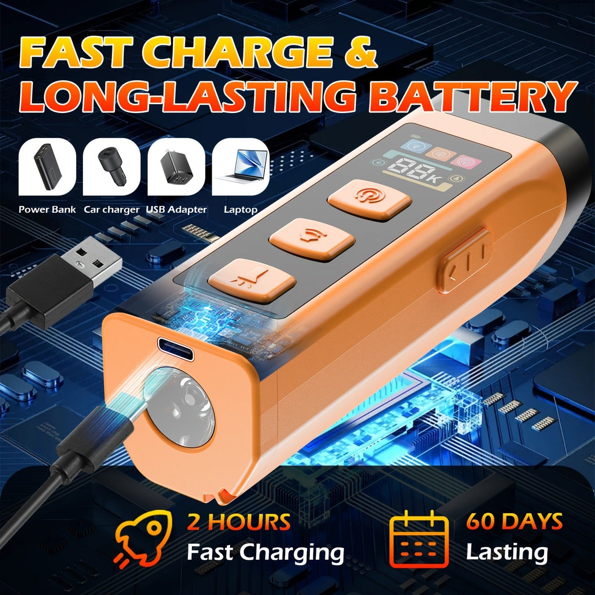 Orange Rechargeable Triple-Emitter Ultrasonic Dog Training Aid with Display, Light and Wrist Strap
