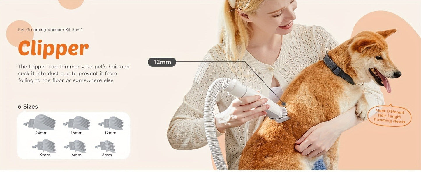 Pet Grooming Vacuum Kit, Five-in-One Suction System with Clippers, Six Guide Combs and Two Color Options