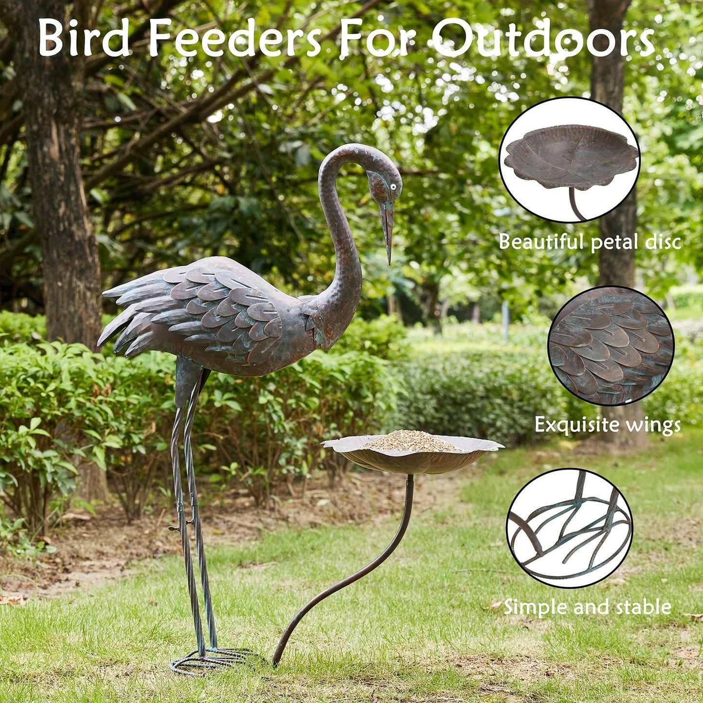 36-Inch Crane Sculpture Bird Bath Set with Separate 12.6-Inch Basin and Garden Stakes for Yard Decor