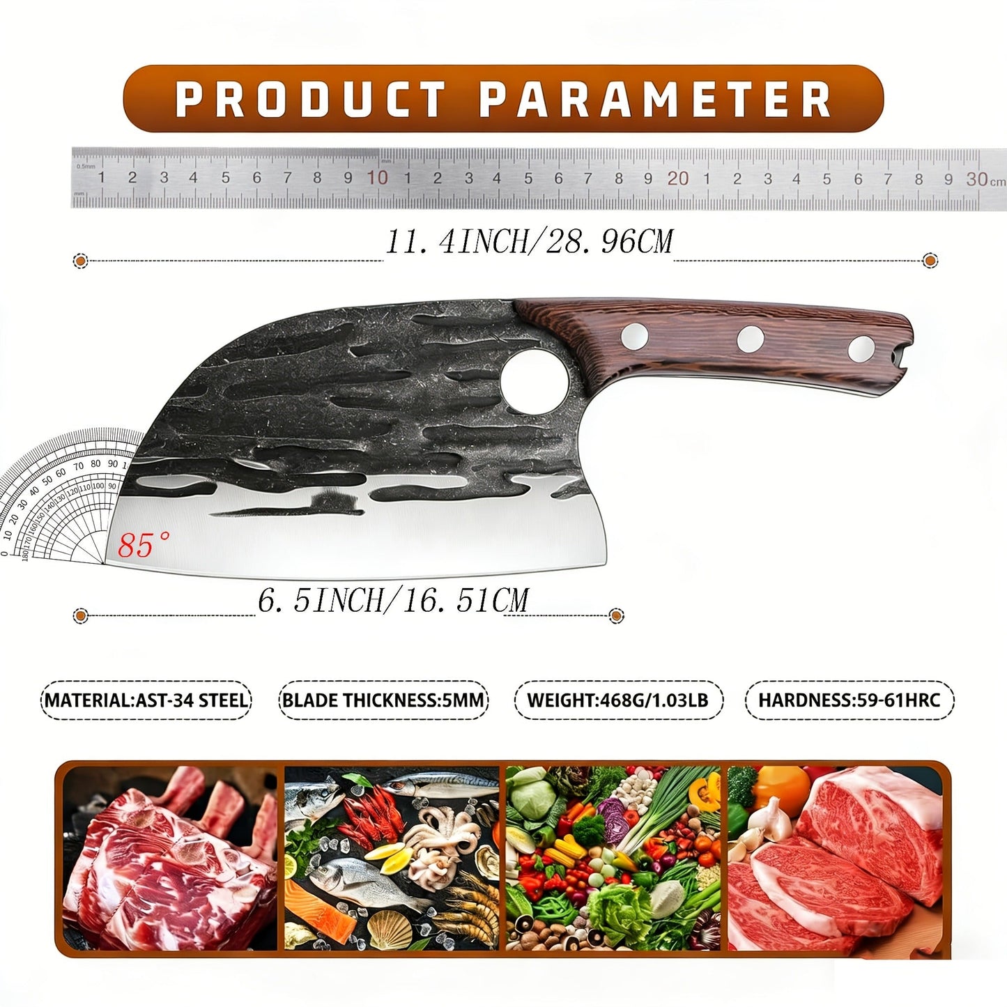 Serbian-Style Meat Cleaver with 6.5-Inch Blade, Wood Handle, Full-Tang Rivets and Leather Sheath