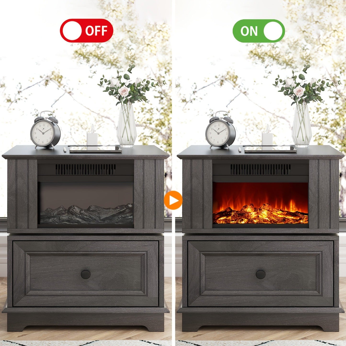 Electric Stove Heater End Table Rotatable Fireplace Side Table 1400W 4800 BTU Indoor Heater with Storage Cabinet Nightstand Overheat Protection
