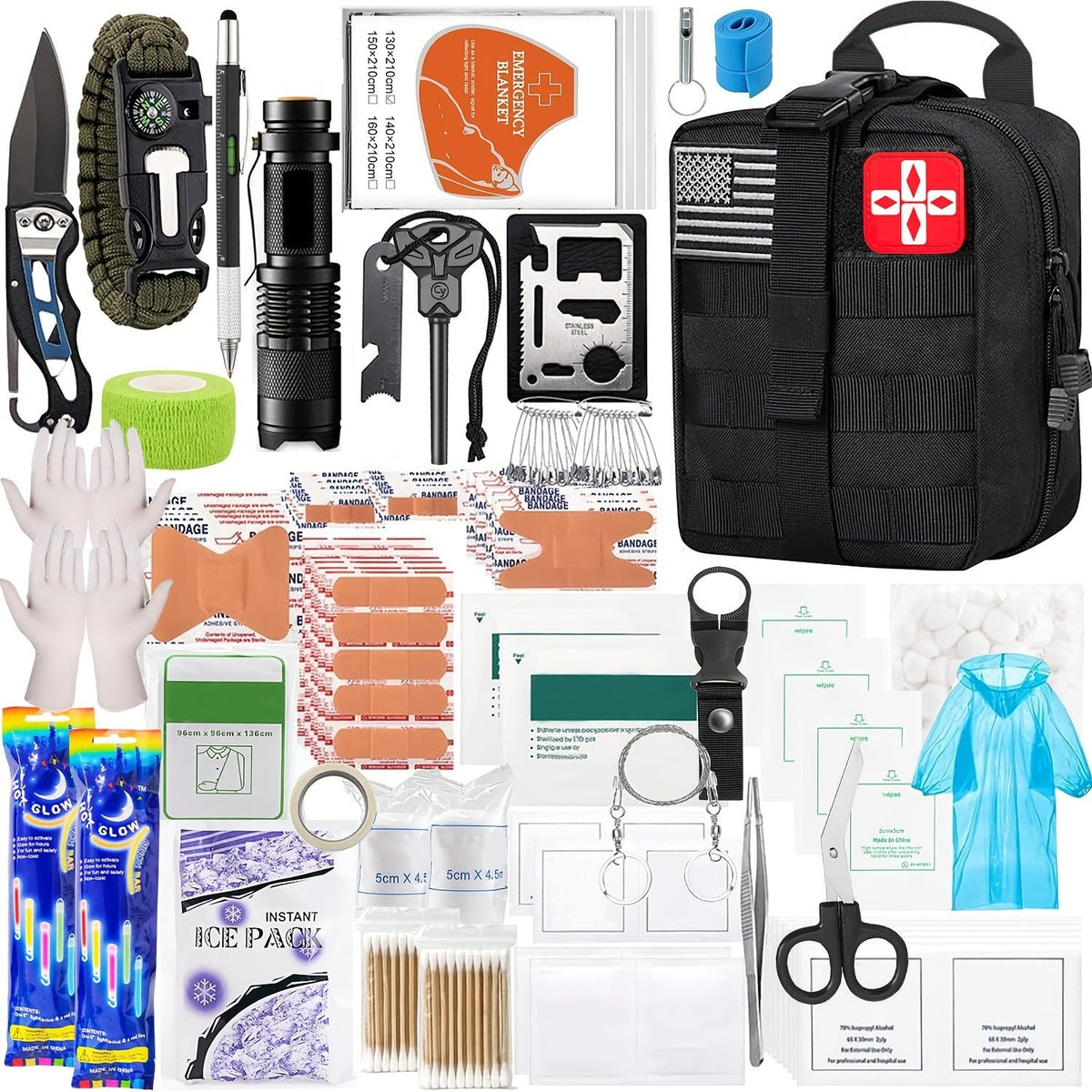 272-Piece Outdoor Tool and First Aid Supply Kits with Crossbody or MOLLE Bags in Four Configurations