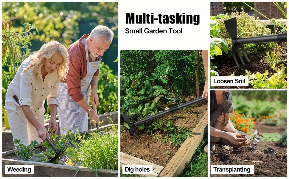 Garden Cultivator Hoe 2-in-1 60 Inch Long Handle Steel Tiller Blade & 3-Prong Cultivator Head for Weeding Tilling Loosening Soil Planting Lightweight