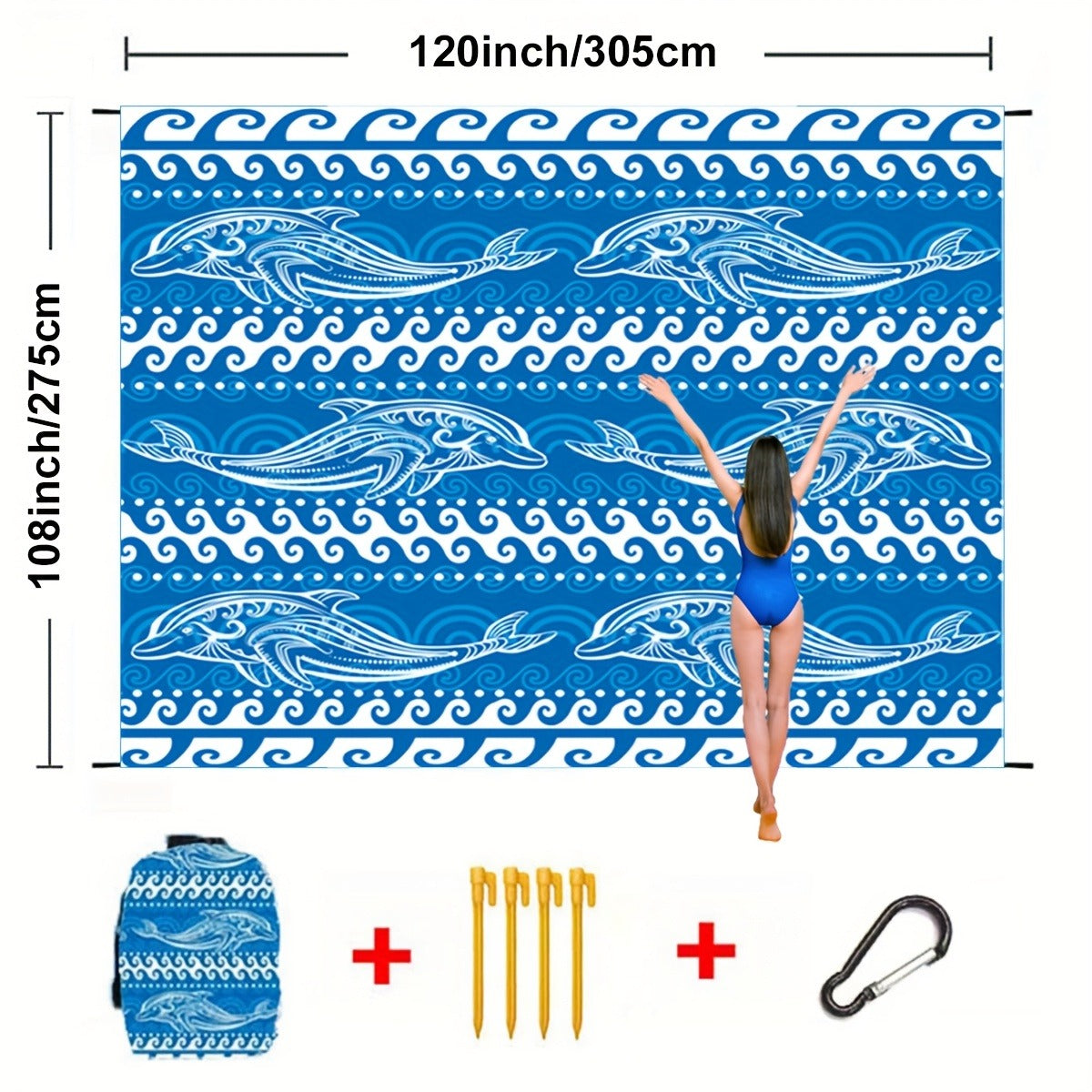 Printed Beach Mat with 19 Exact Size-and-Pattern Options, 198 x 205cm to 275 x 305cm with Stakes and Pouch