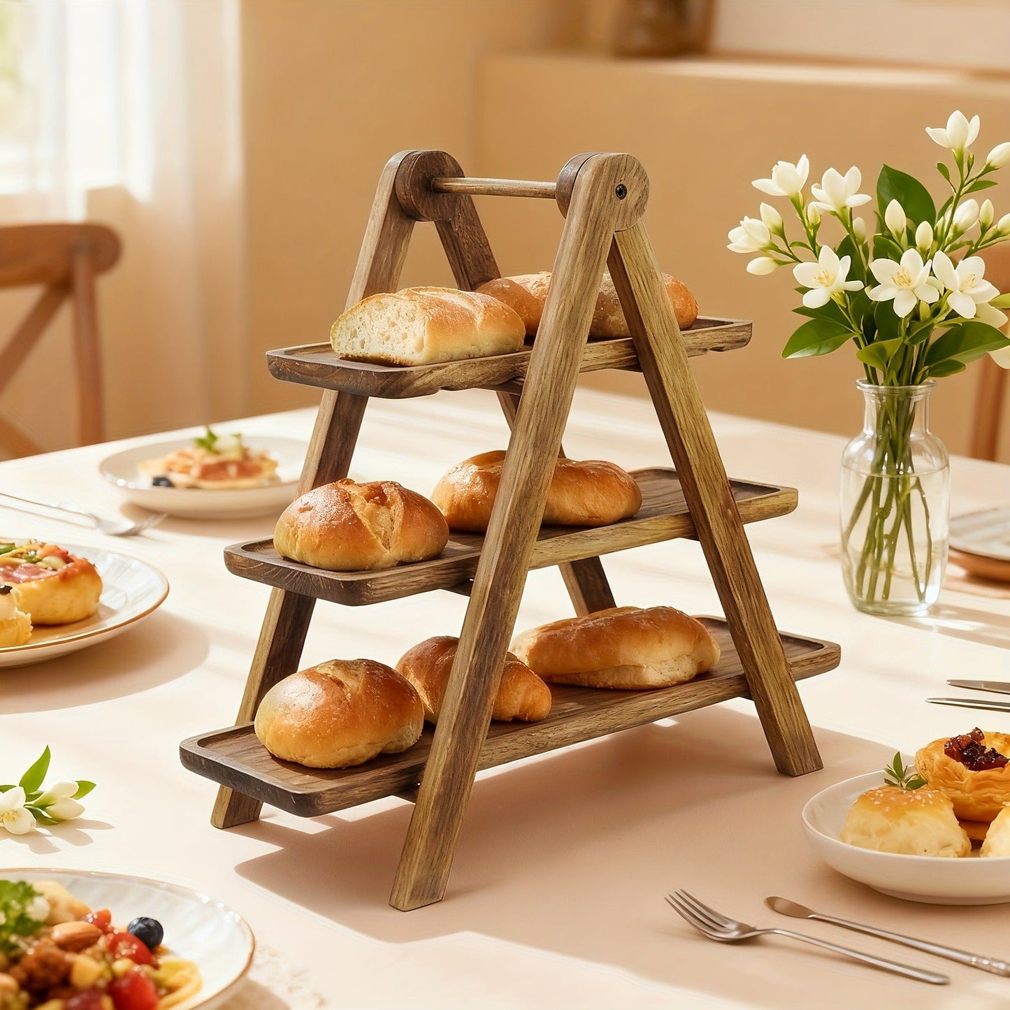 Cake Stand 3 Tier Wooden Serving Tray Farmhouse Dessert Display Cupcake Tower Bread Basket Collapsible Tiered Platter for Wedding Party Charcuterie