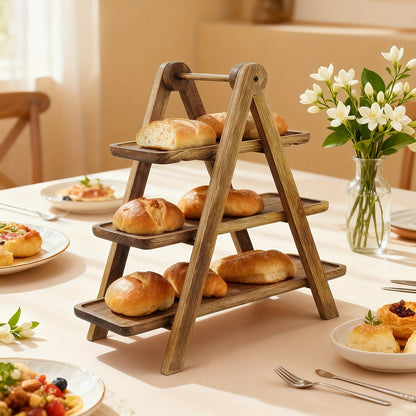 Cake Stand 3 Tier Wooden Serving Tray Farmhouse Dessert Display Cupcake Tower Bread Basket Collapsible Tiered Platter for Wedding Party Charcuterie