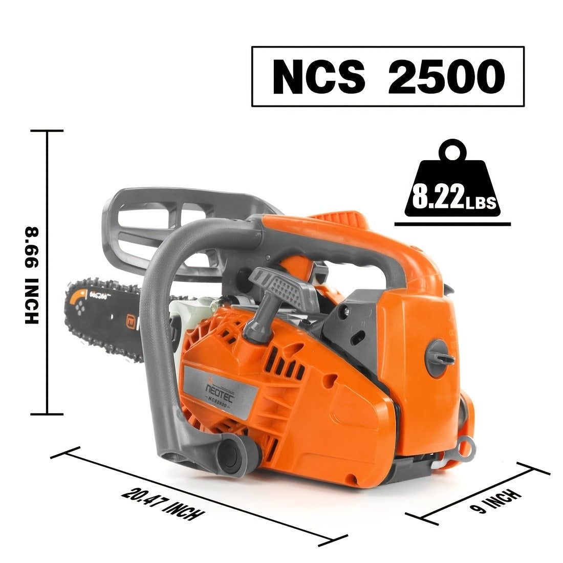 NEO-TEC NCS2500 Top Handle Gas Chainsaw 12-Inch – 25.4CC 2-Stroke, One-Hand Operation, 8 lbs, Easy Start, Portable Tree Cutting Saw